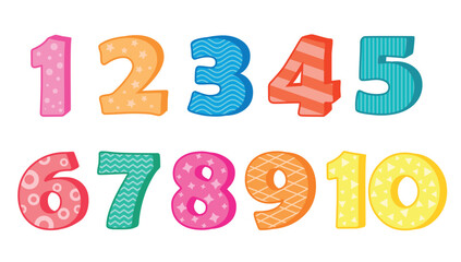 Colorful vector set of numbers 1 to 10 with fun patterns for birthday card designs and childish designs
