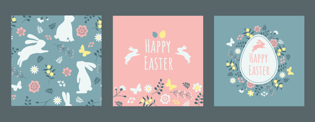 Colorful set of Easter greeting cards and seamless backgrounds with leaves, flowers, rabbits and butterflies