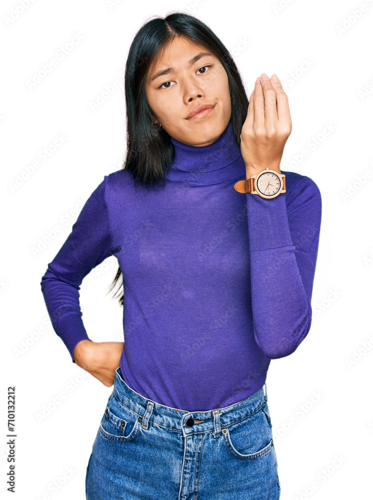 Sticker Beautiful young asian woman wearing casual clothes doing italian gesture with hand and fingers confident expression