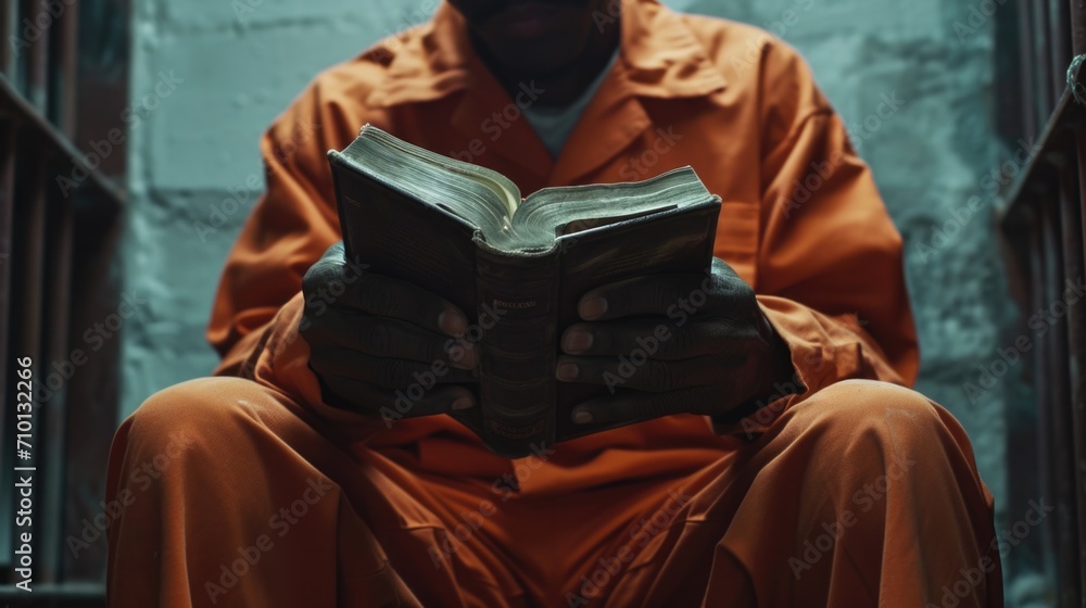 Poster A man sitting down reading a book in a jail cell. This image can be used to depict confinement, solitude, or imprisonment in various contexts