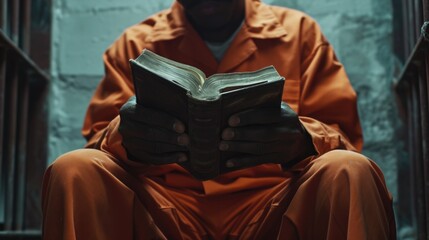 A man sitting down reading a book in a jail cell. This image can be used to depict confinement, solitude, or imprisonment in various contexts - obrazy, fototapety, plakaty