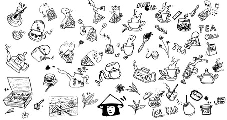 Tea hand drawn ink vector set tea bags chamomile, ginger, citrus peel, hibiscus, cinnamon, fennel.