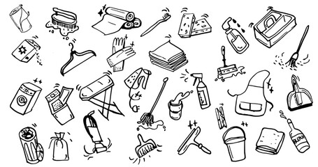 Cleaning equipment hand drawn ink vector set. Washing machine, bleach, dryer, iron,scrub brush, hanger, trash can, bag, broom, mop, bucket, dustpan  - obrazy, fototapety, plakaty