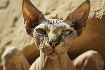 A close-up view of a Sphinx cat with mesmerizing blue eyes. Perfect for animal lovers and cat enthusiasts