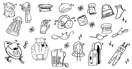 Winter wear hand drawn ink vector set. Nose warmer, heater vest, Parka, hat, gloves, snood, banana bag, snow bike