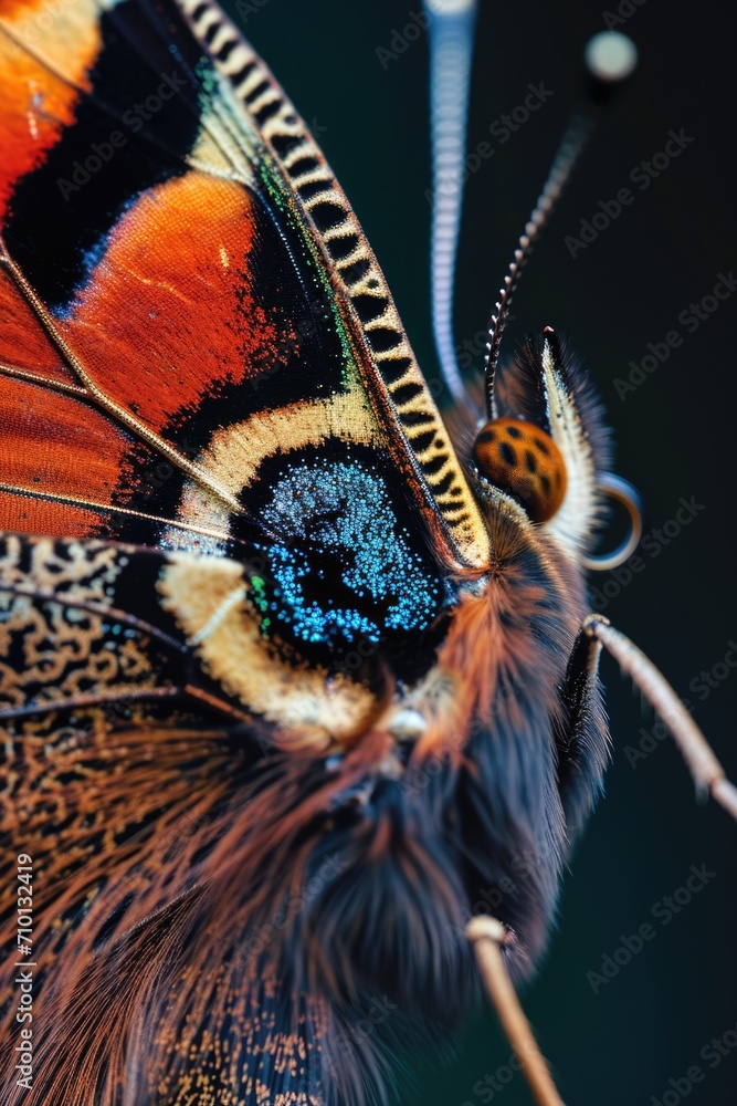 Poster a detailed close-up view of a butterfly's wing against a black background. this image can be used fo