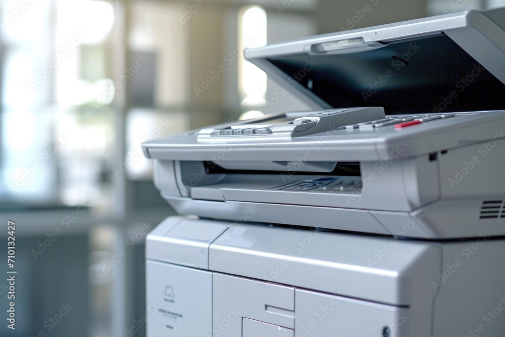 Poster A close up view of a printer on a desk. This image can be used to represent office equipment or technology