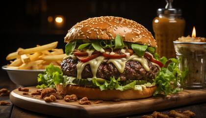 Grilled burger with cheese, tomato, and fries generated by AI