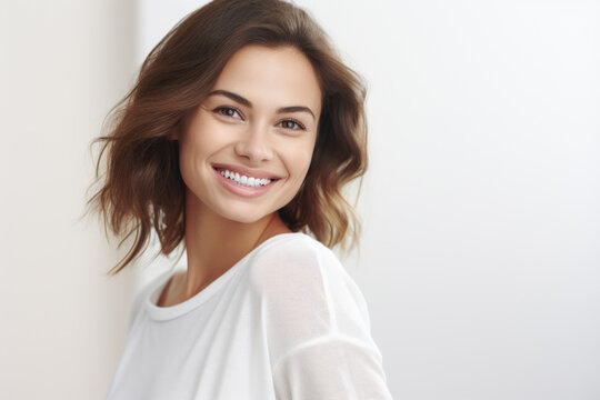 Woman wearing white shirt smiles for camera. This versatile image can be used in various contexts.