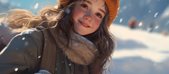 A girl smiles in winter on snowy ground.