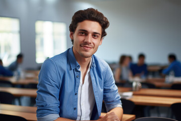Fototapeta premium Man is sitting at table with plate of food. This image can be used to depict meal, dining, or person enjoying delicious dish.