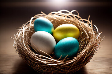 Obraz premium Colorful Easter eggs in the nest. View from above.Spring Easter background