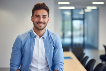 Obraz premium Man wearing blue shirt sitting at table. Suitable for various uses.