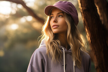 Woman wearing purple hat and purple hoodie. Suitable for fashion or outdoor lifestyle themes.