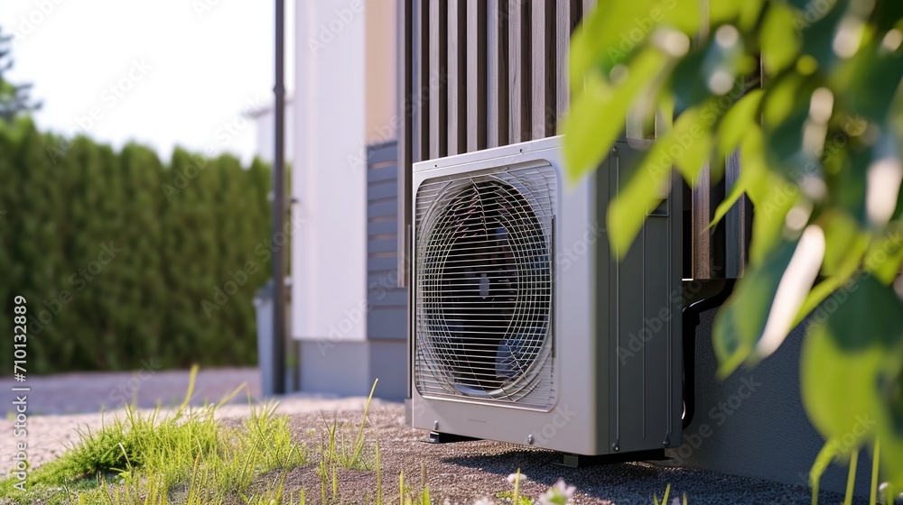Poster A compact air conditioning unit placed on the side of a building. Suitable for cooling small spaces efficiently