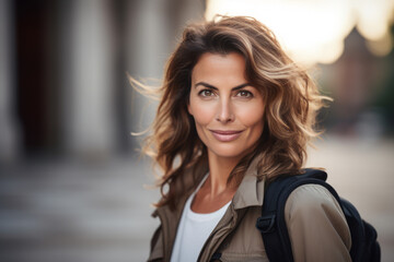 Fototapeta premium Beautiful middle age woman wearing casual clothes and backpack, standing in city street and enjoy her solo travel, trip, vacation, holiday