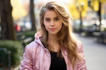 Fototapeta premium Young woman wearing pink jacket standing on sidewalk. Suitable for lifestyle, fashion, and urban themes.