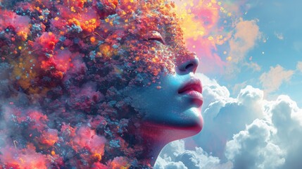 AI in Art Design: Artist co-creating with AI, colorful digital art pieces on display, studio filled with innovative tech and creativity