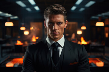 Fototapeta premium Man in suit and tie standing in room. Suitable for business and professional concepts.