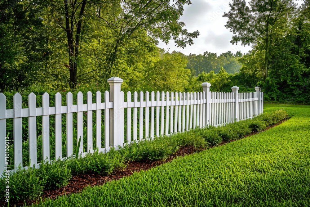 Aufkleber a picturesque scene of a white picketed fence standing in a lush grassy field. perfect for adding a 