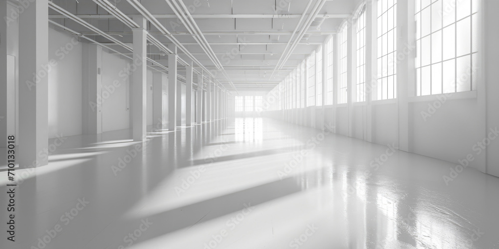 Poster a long empty room filled with natural light streaming in from numerous windows. perfect for interior