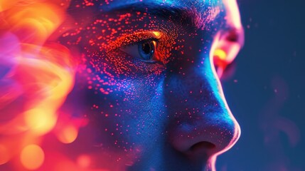 AI in Art Design: Artist co-creating with AI, colorful digital art pieces on display, studio filled with innovative tech and creativity