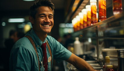 Smiling young adult bartender confidently working indoors generated by AI