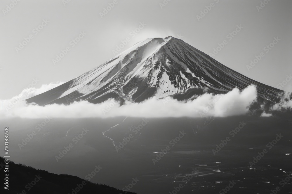 Poster a black and white photo capturing a mountain shrouded in clouds. suitable for various uses