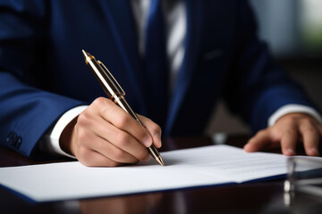Man in blue suit is writing on piece of paper. Suitable for business, office, and education concepts.