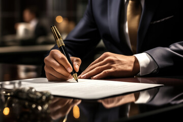 Man in suit signing important document. Suitable for business and legal concepts. - obrazy, fototapety, plakaty
