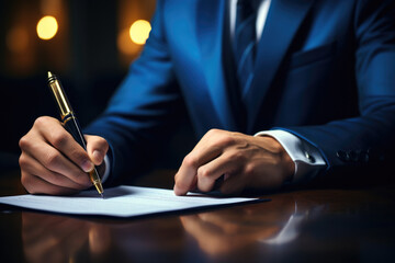 Man in suit is writing on piece of paper. This image can be used for business, office, or professional concepts.