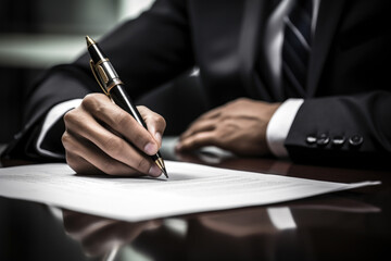 Man in suit signing document with pen. This image can be used to represent business contracts, legal agreements, or professional paperwork.