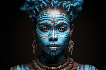 Woman with blue paint on her face. Suitable for artistic projects or Halloween-themed designs.
