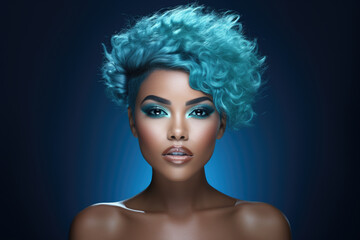 Obraz premium Woman with striking blue hair and matching blue make-up. Perfect for fashion, beauty, and avant-garde concepts.