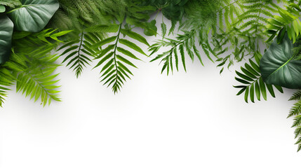 Beautiful composition with fern and other tropical leaves on white background. AI Generative.