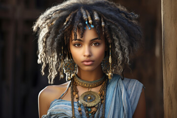 Fototapeta premium Woman with dreadlocks wearing blue dress. Versatile image suitable for various themes and concepts.