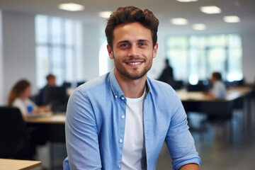 Obraz premium Man wearing blue shirt sitting at table.
