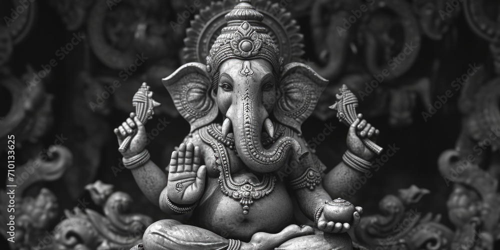 Poster a black and white photo capturing the statue of an elephant. suitable for various uses