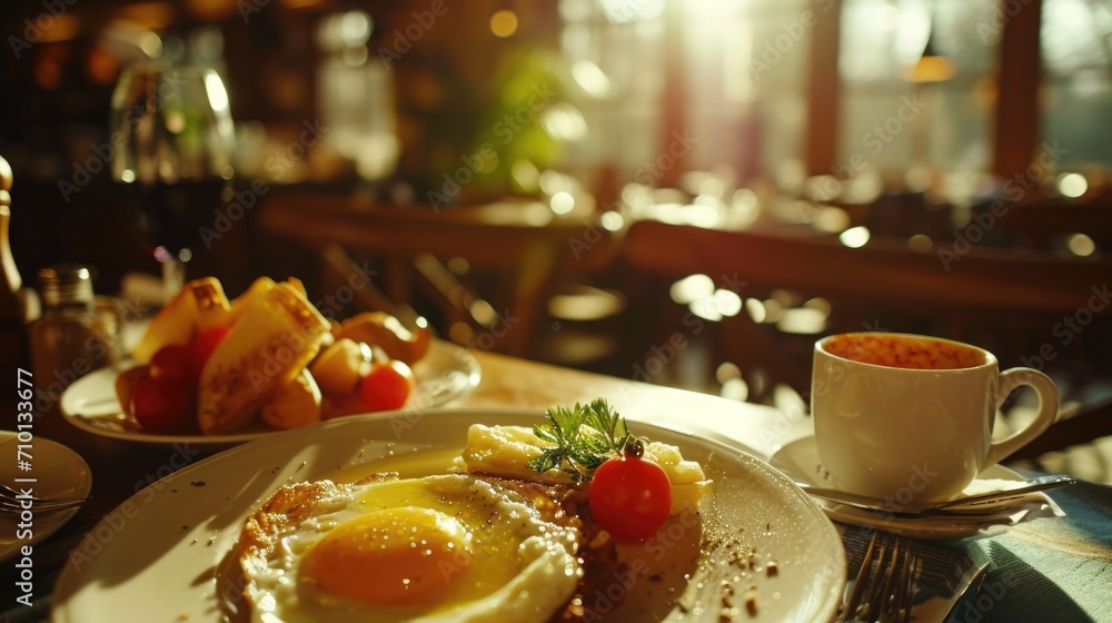 Poster a picture of a plate of food on a table, accompanied by a cup of coffee. this image can be used to d