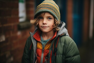 Portrait of a cute little boy in a warm hat and a green jacket.