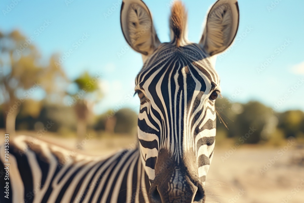 Poster A close-up view of a zebra's face with trees in the background. This image captures the unique patterns and features of the zebra, creating a striking visual.