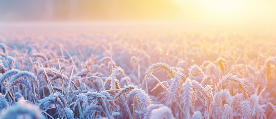 Golden sunrise glistens over a frost-kissed wheat field, heralding a crisp new day - obrazy, fototapety, plakaty