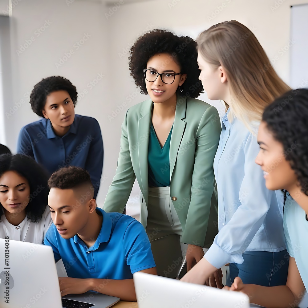 Poster lecturer giving computer science class to diverse multiethnic group of female and male classmates in