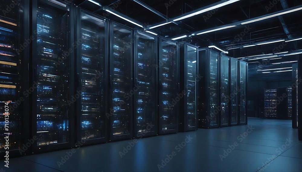 Poster modern data technology center server racks in dark room with vfx. visualization concept of internet 