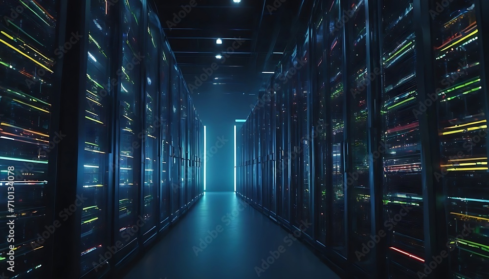 Aufkleber modern data technology center server racks in dark room with vfx. visualization concept of internet 