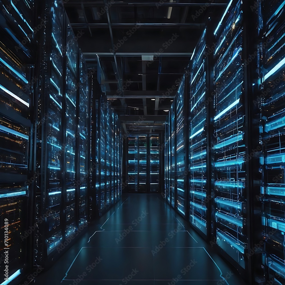 Aufkleber modern data technology center server racks in dark room with vfx. visualization concept of internet 