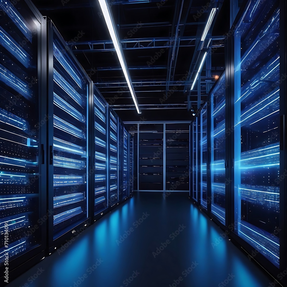 Aufkleber modern data technology center server racks in dark room with vfx. visualization concept of internet 