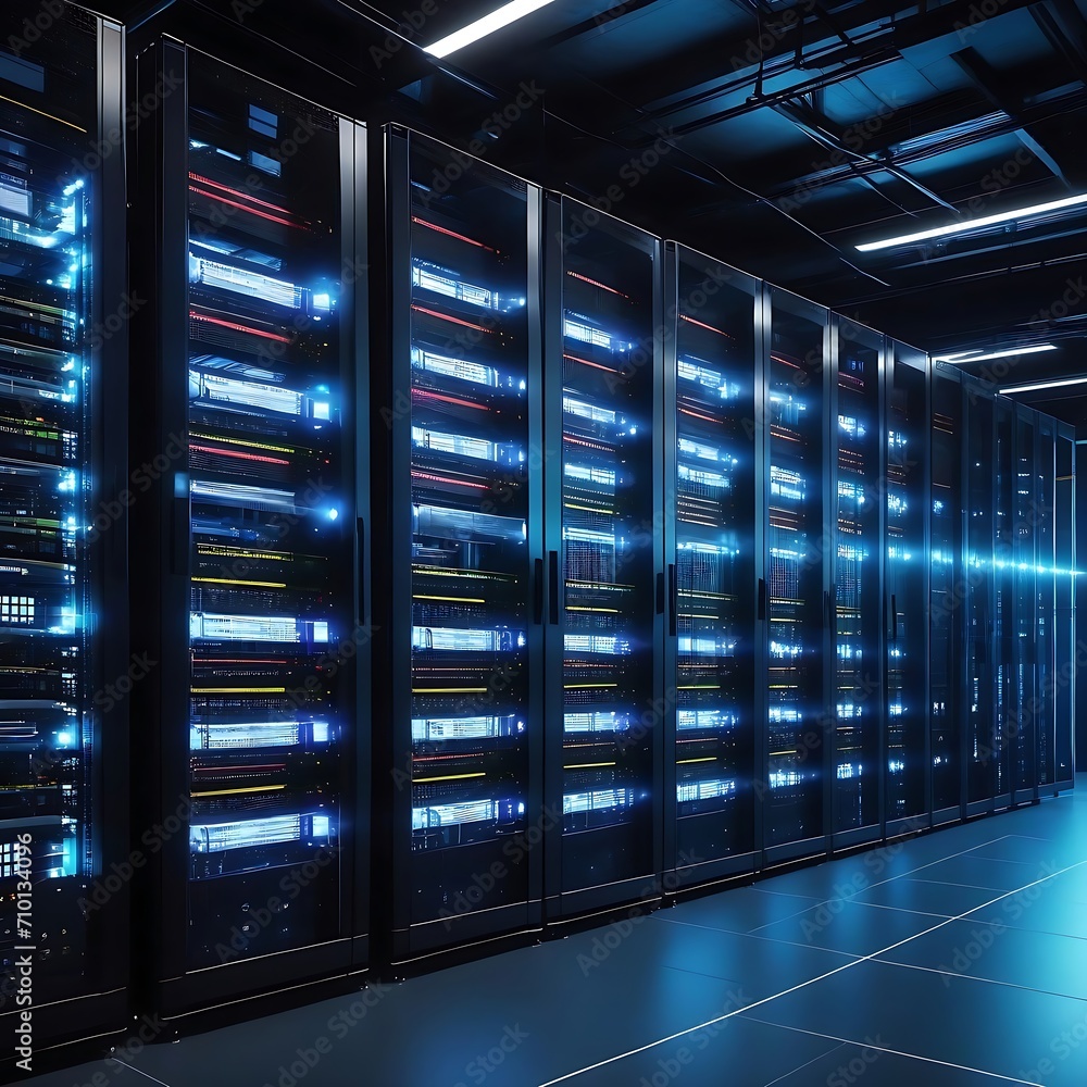 Poster modern data technology center server racks in dark room with vfx. visualization concept of internet 