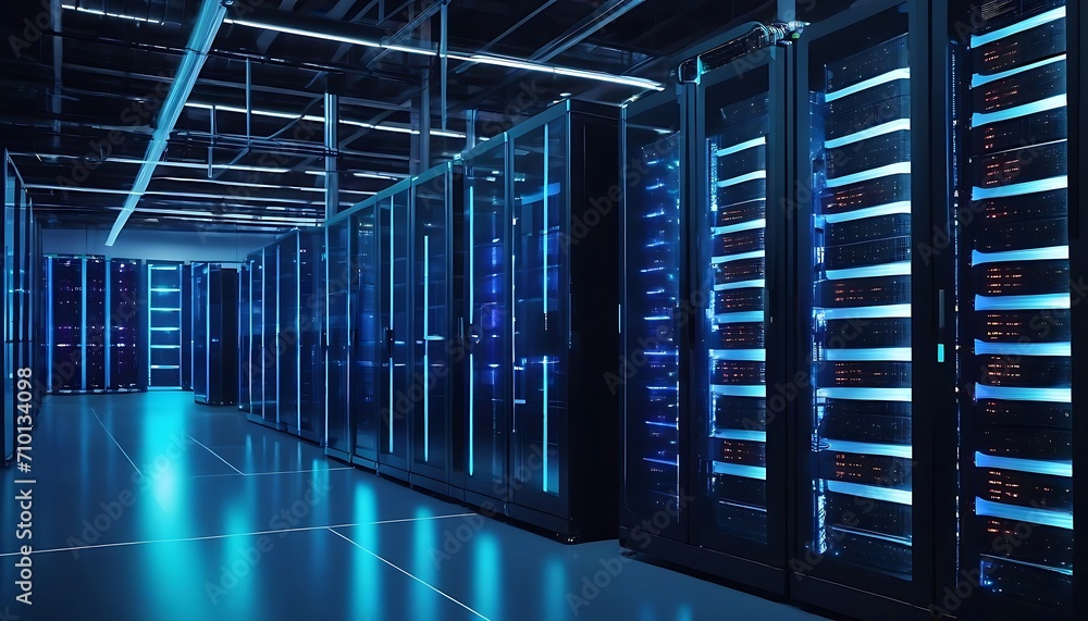 Aufkleber modern data technology center server racks in dark room with vfx. visualization concept of internet 