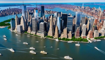 Aerial Photo of Manhattan Island with Office and Apartment Buildings. Hudson River Scenery with Yachts, Boats, One World Trade Center Skyscraper in the Middle of Skyline  - obrazy, fototapety, plakaty